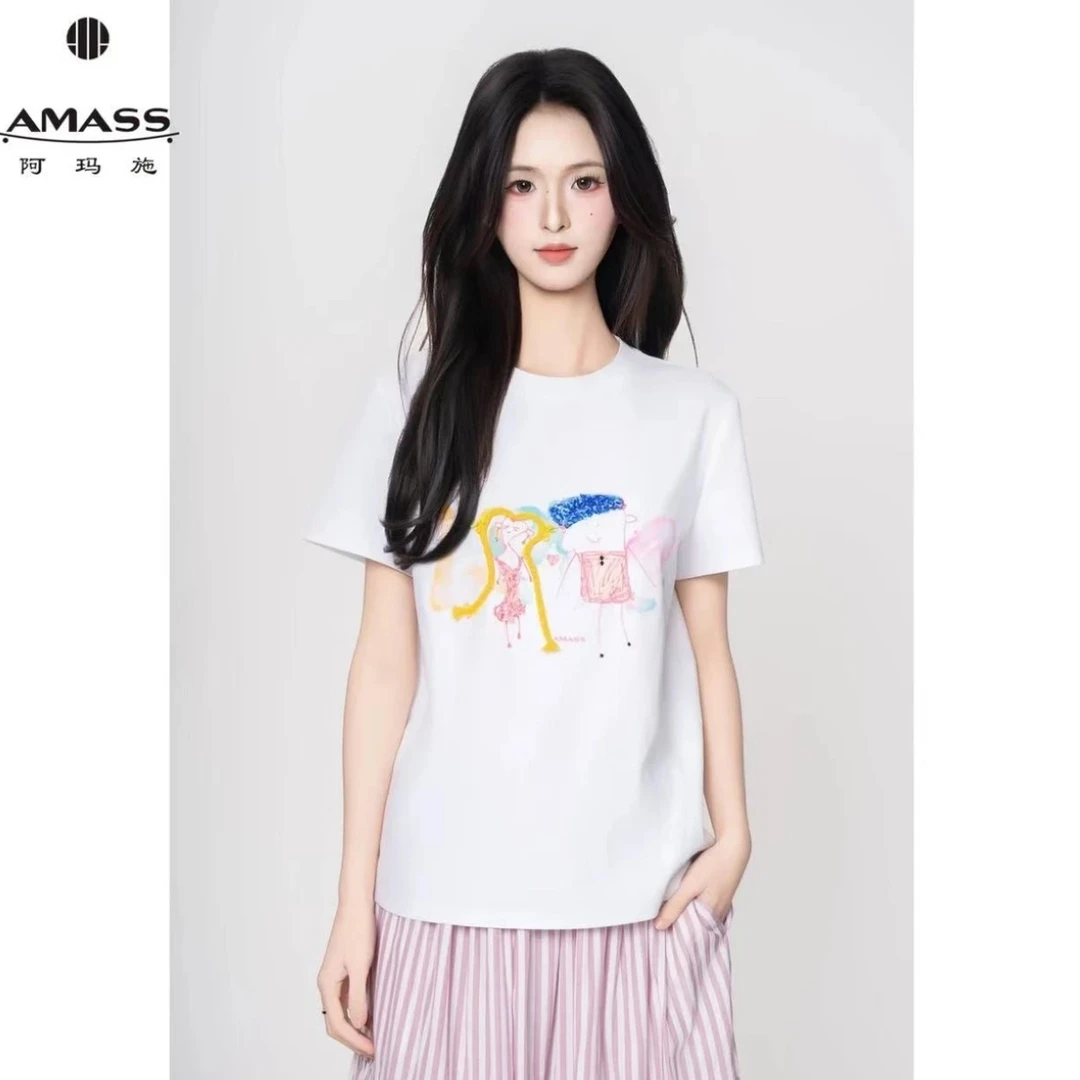 AMASS/阿玛施时尚涂鸦印花圆领短袖舒适棉质短款T恤夏季530082