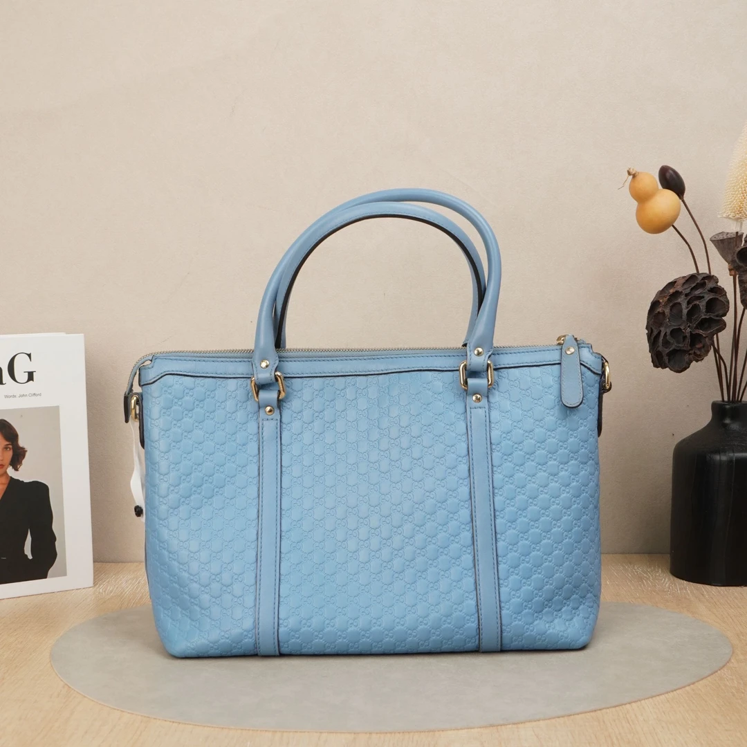 95新 GUCCI/古驰 压纹斜挎包托特蓝色牛皮/肩带/尘袋/DS047515