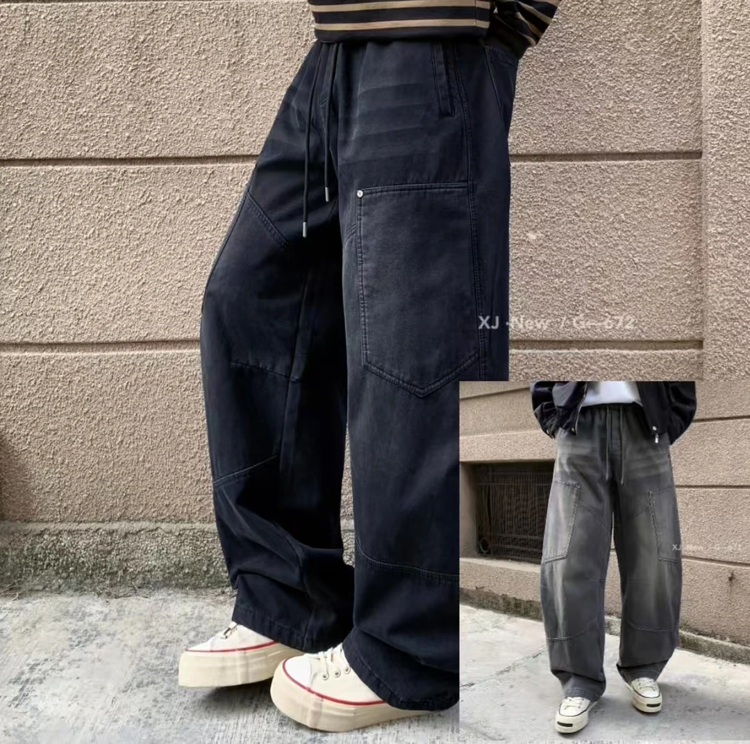 时尚男士弯刀裤百搭秋冬新款宽松阔腿美式潮牌全棉休闲青少年长裤