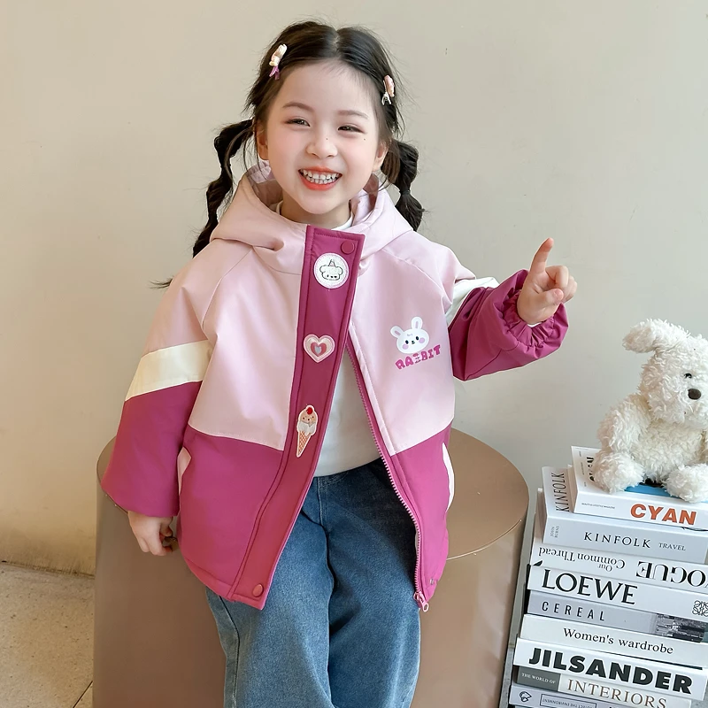 女童夹棉外套秋冬季2025新款儿童卡通拼色冲锋衣洋气宝宝加厚棉衣
