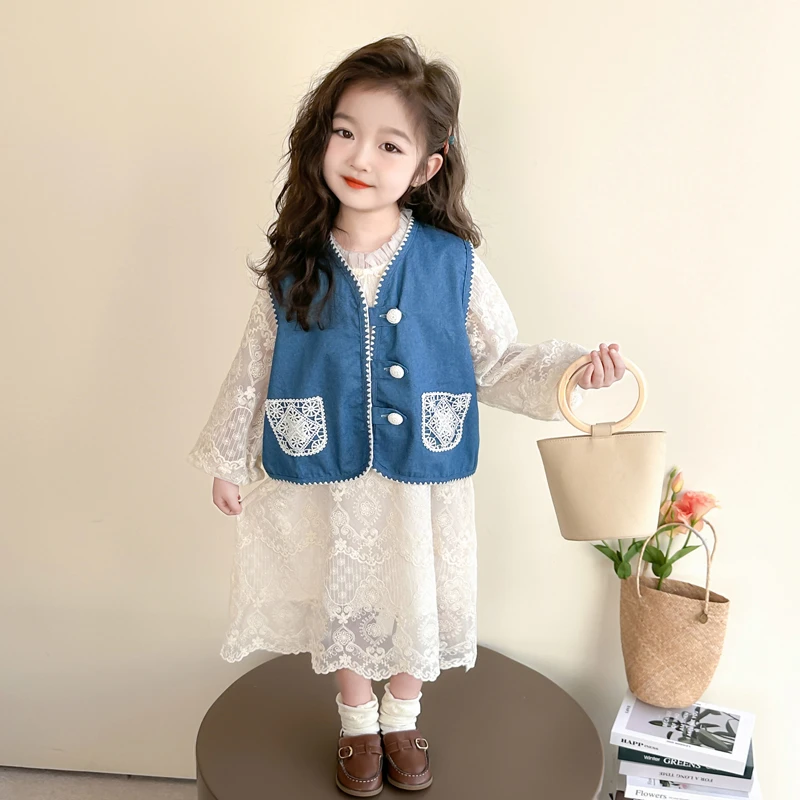 小女孩连衣裙套装2025新款女宝洋气长袖长裙牛仔马甲时髦两件套潮