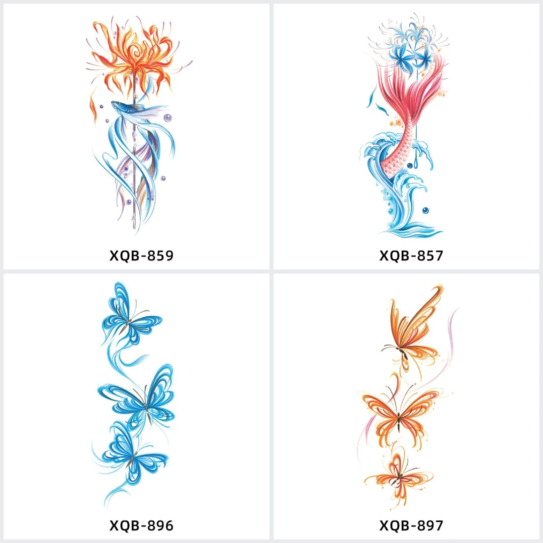 彩色彼岸花蝴蝶图案纹身贴防水持久真可贴小腿手臂遮疤痕