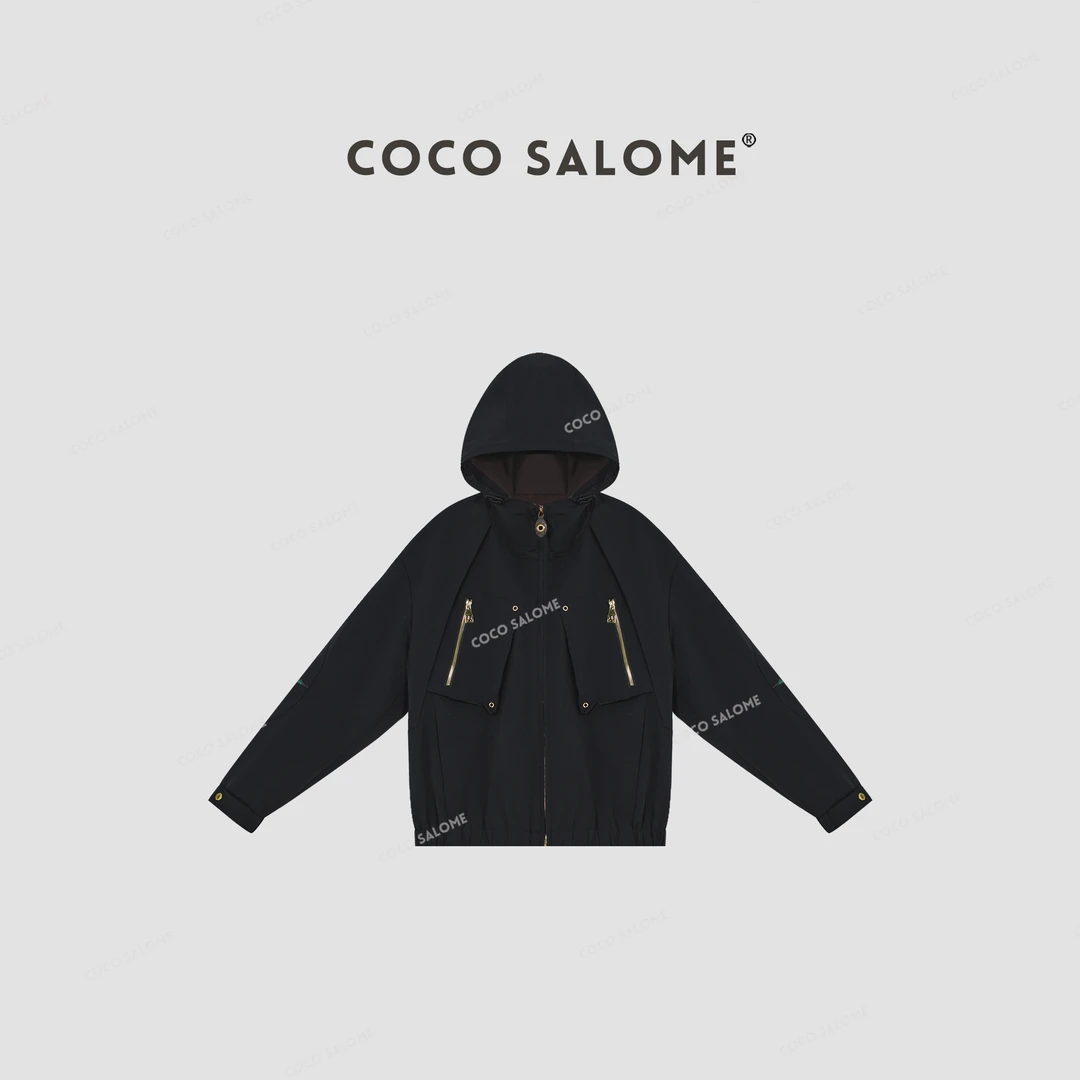 COCO SALOME⑥【城市漫步】户外肌理感连帽黑色运动冲锋衣外套0497