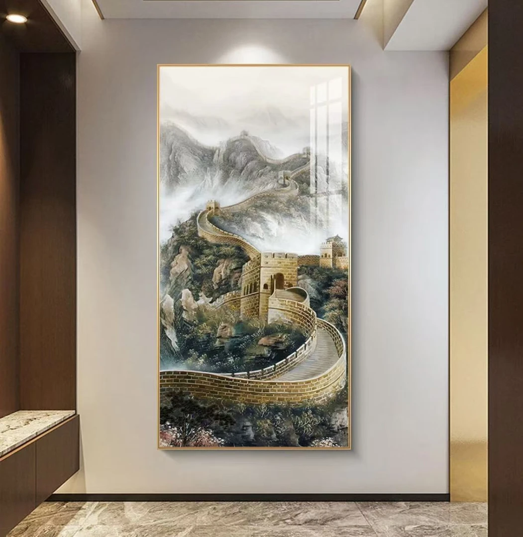 新中式万里长城玄关装饰画走廊过道竖版大幅挂画镶钻80160