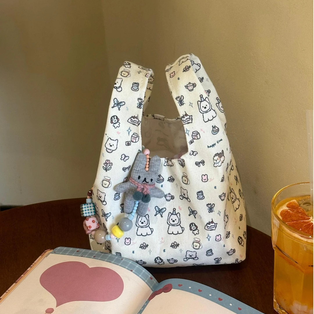 法式高颜值卡通通勤便携外出手提包敞口手拎ins风百搭便当女包包F