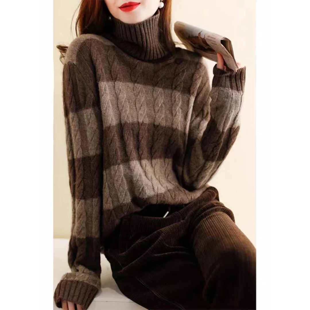 复古撞色条纹绞花套头高领女秋冬新款慵懒风宽松显瘦针织衫潮