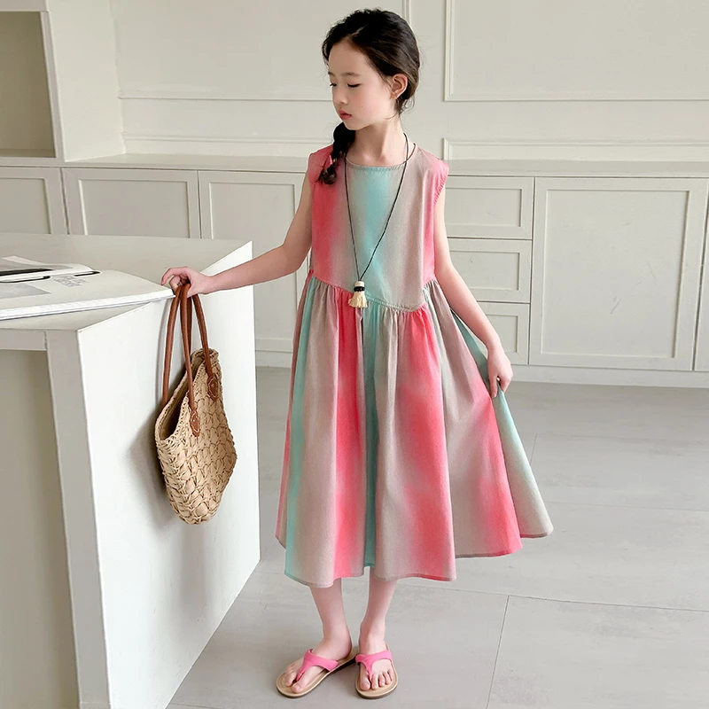 女童连衣裙夏装2025新款中大童洋气渐变彩虹背心裙小女孩无袖裙子