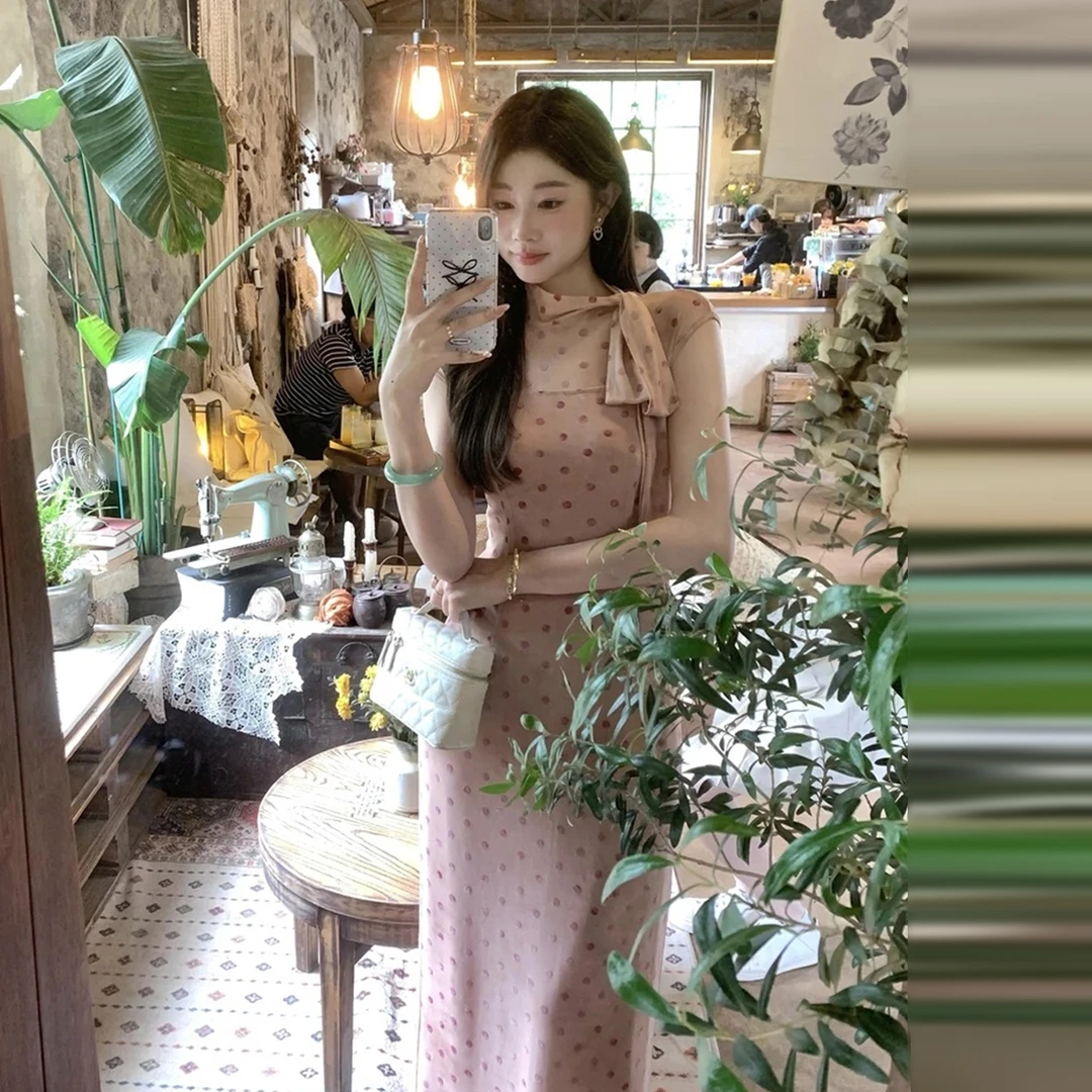 波点气质新中式改良旗袍碎花连衣裙子女长裙法式收腰6360