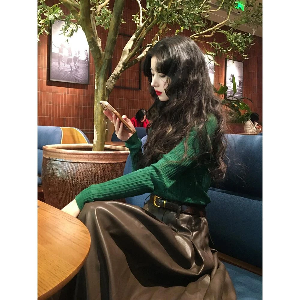 网红内搭高领长袖高腰韩剧穿搭小香风套装高级感欧货漂亮时尚绿色