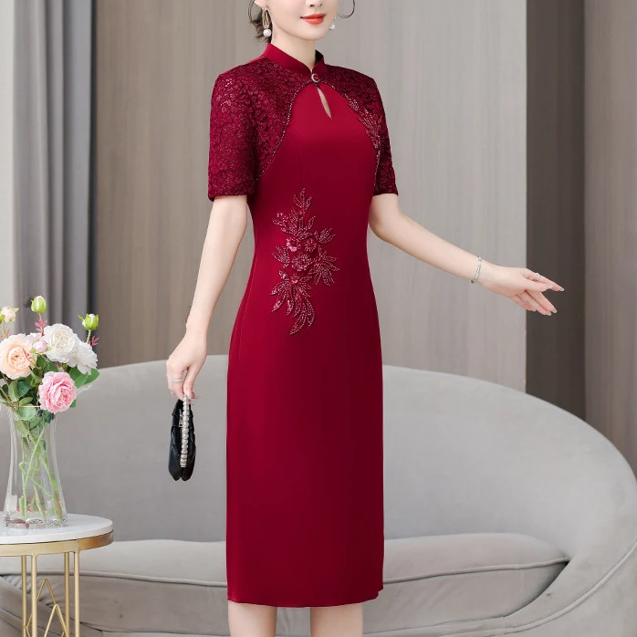 喜婆婆婚宴会礼服裙2025女夏季新款妈妈装修身连衣裙高贵中年气质