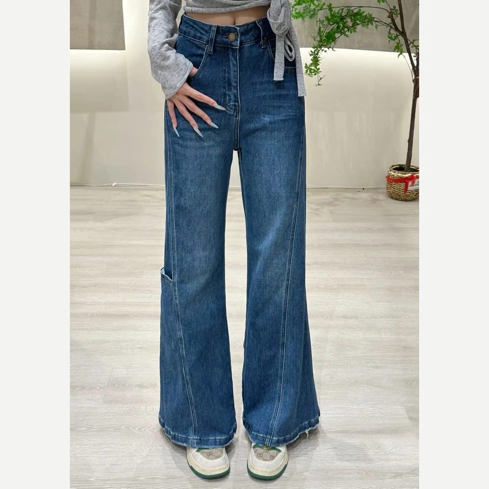 K2525 高腰夏季牛仔裤藏蓝色窄版直筒裤显瘦喇叭裤微喇女裤