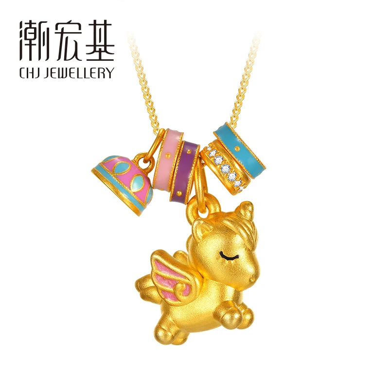 坠链均925银珐琅 【潮宏基】缤纷独角兽多巴胺银镀金色项链#80179