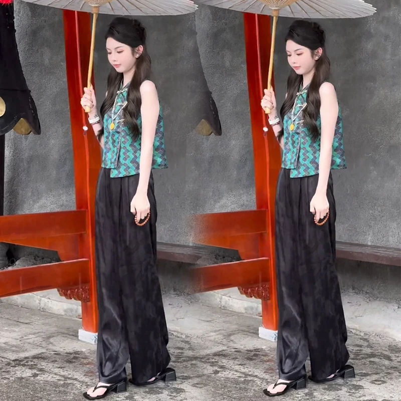 新中式国风时尚套装女夏季洋气盘扣提花无袖马甲上衣阔腿裤两件套