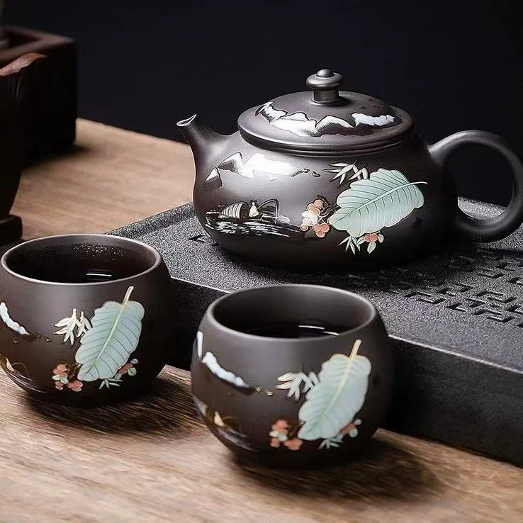 原矿紫砂寒江变色壶一壶两杯