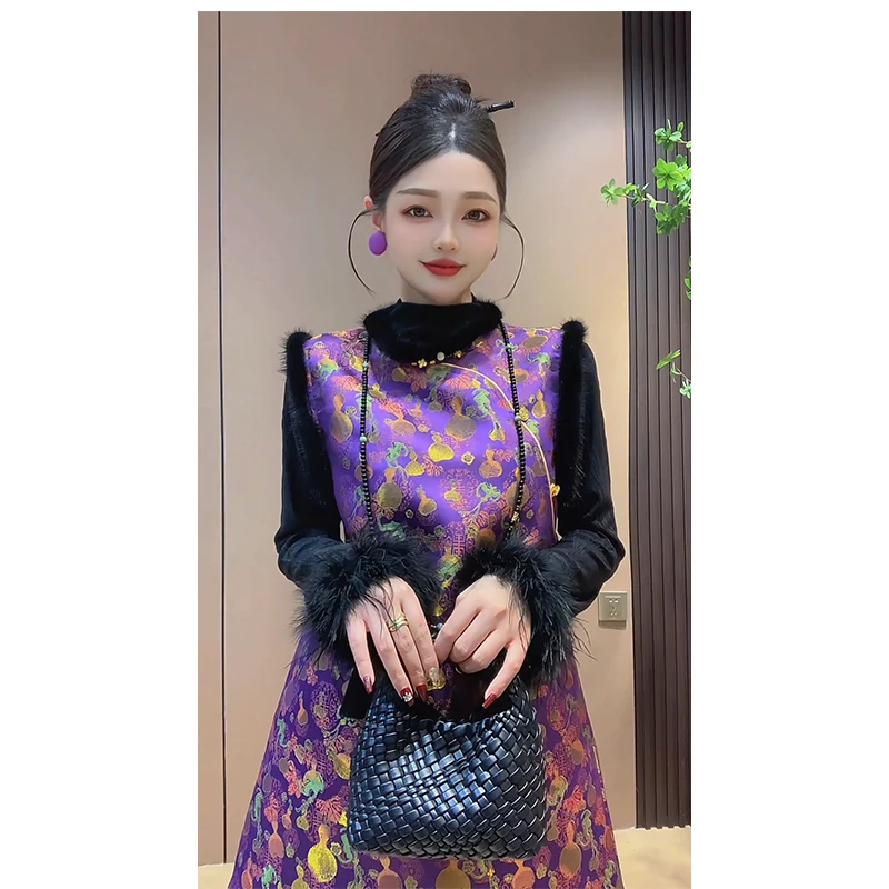 【紫金葫芦】秋季国风新中式旗袍水貂毛刺绣开叉A字背心裙短裙子女