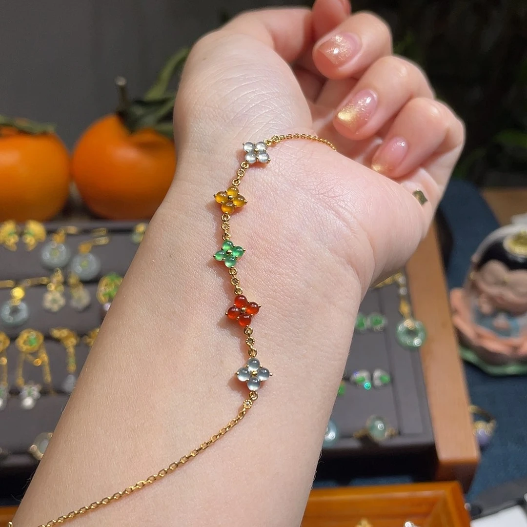 翡翠手链18K金镶嵌多彩蛋面四叶草