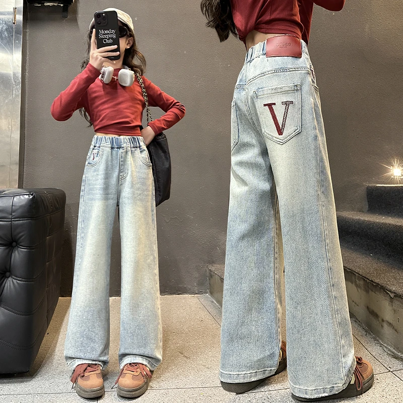 女童阔腿裤春秋款儿童直筒牛仔裤洋气中大童宽松裤子女孩时髦春装