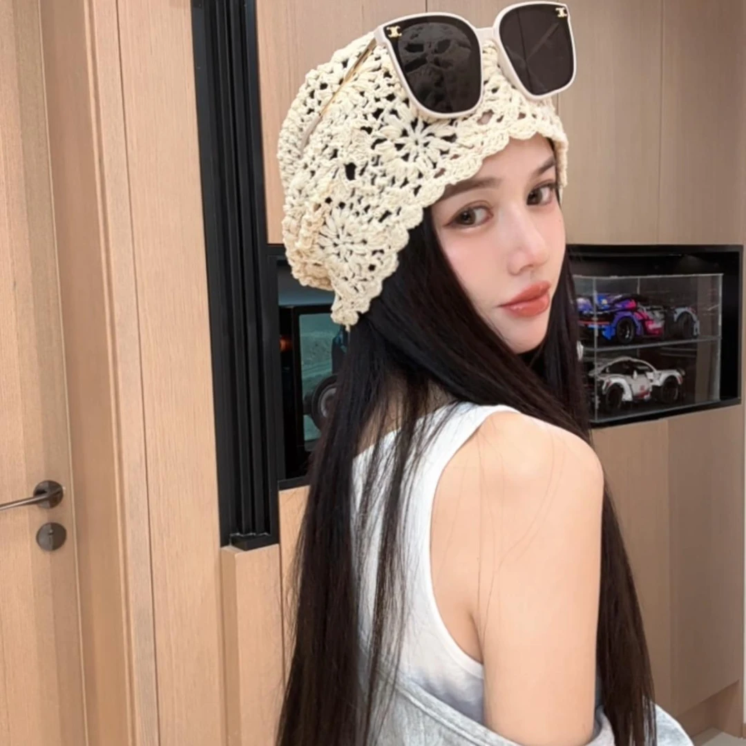 日系手工钩花堆堆帽子女2025年新款镂空透气毛线帽文艺复古针织帽