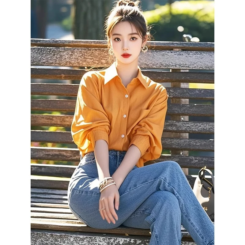 橘黄色泡泡袖衬衫女春装2025新款韩系小衫超好看洋气减龄漂亮上衣