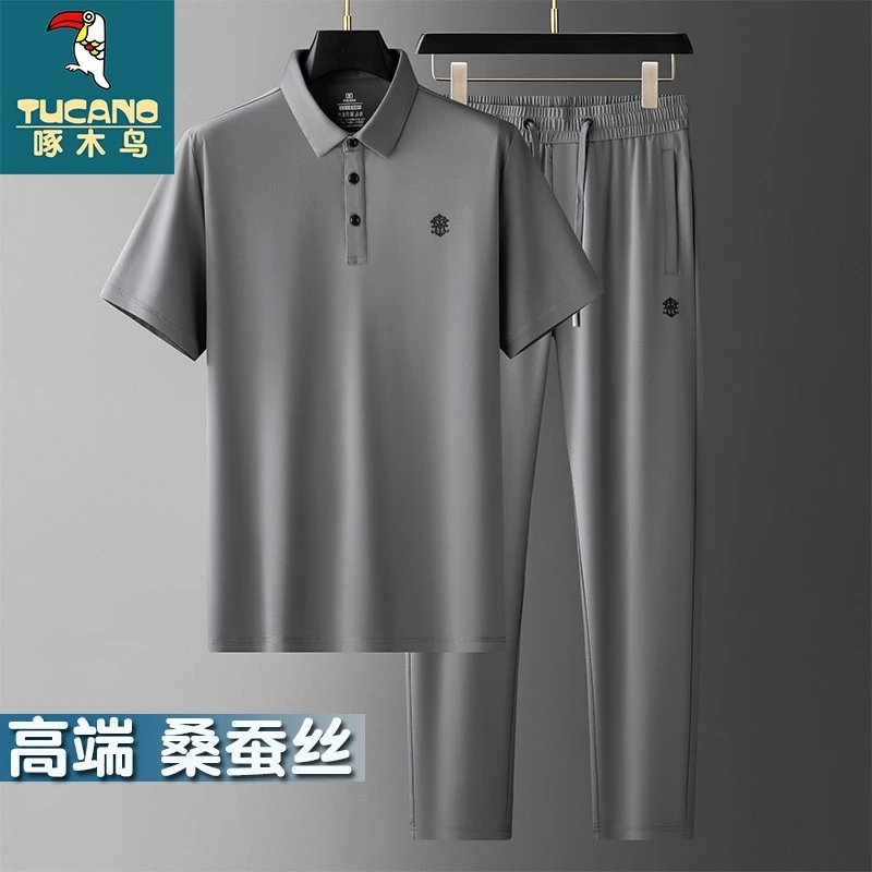 啄木鸟休闲运动套装男夏季新款宽松桑蚕丝短袖t恤薄款夏装两件套
