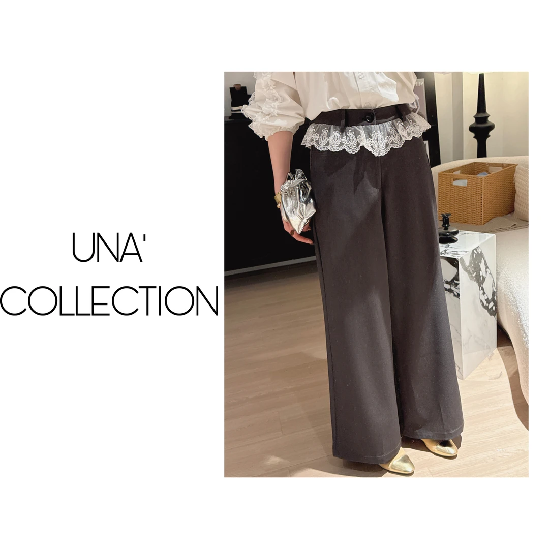 【吉满】韩系假两件蕾丝花边直筒阔腿西装裤JM2586