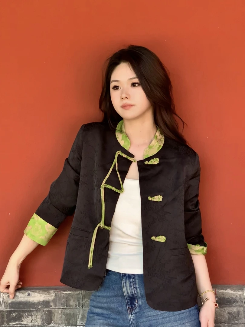 新中式短款上衣长袖提花厚款唐装短款碎花复古民族风单排扣
