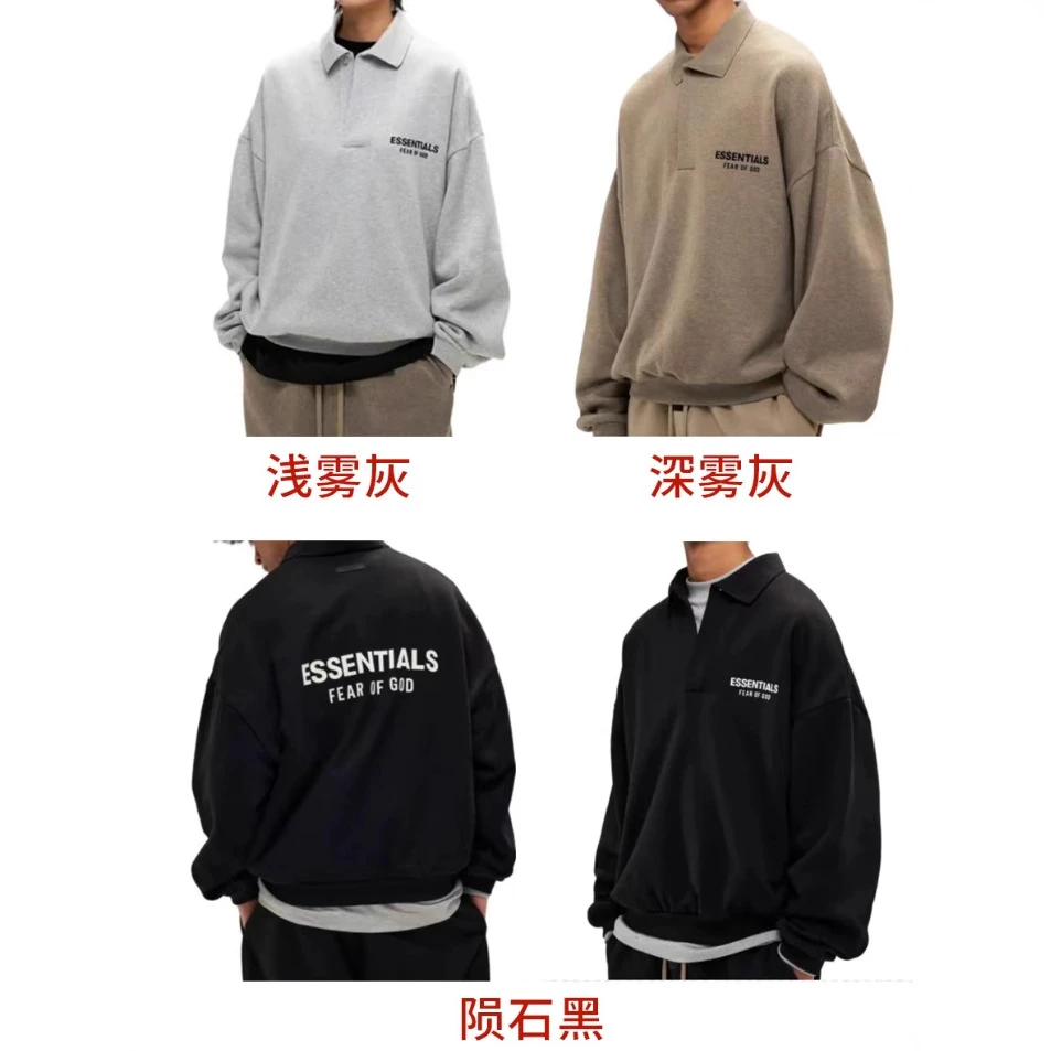 ESSENTIALS新款秋冬前后印花POLO领加绒卫衣简约百搭男女情侣上衣