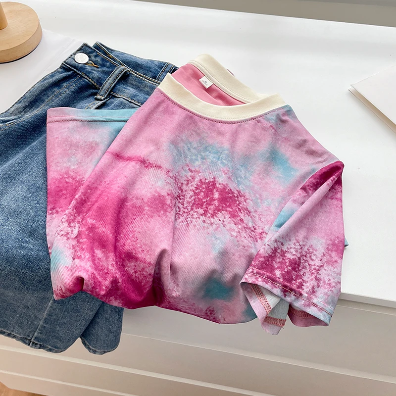 夏季晕染网纱薄款洋气圆领短袖正肩T恤宽松大码时尚百搭女装上衣