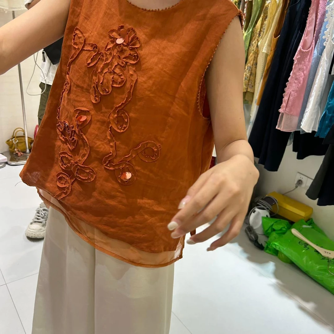 新中式麻料立体花朵无袖衬衫5762