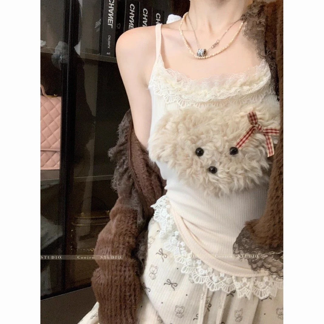 纯欲辣妹蕾丝拼接吊带女春季带胸垫修身背心内搭吊带