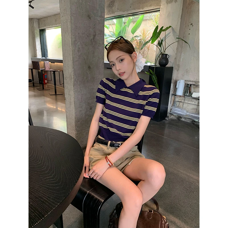 宋正恩藏蓝色polo领针织短袖t恤女韩系修身双色条纹半袖上衣SH232