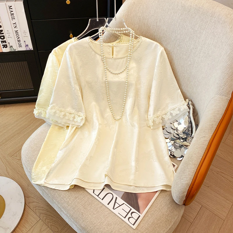 2025夏季新款高端新中式提花气质圆领套头短袖复古国风减龄衬衫女