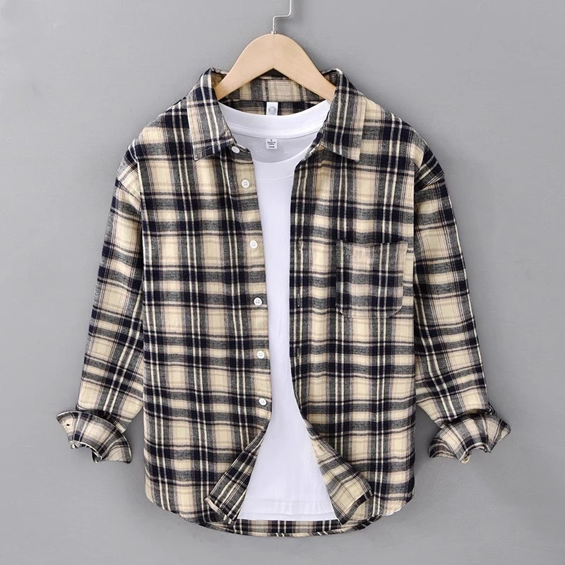 格子衬衫男美式潮牌复古宽松帅气上衣男款春秋时尚磨毛长袖衬衣男