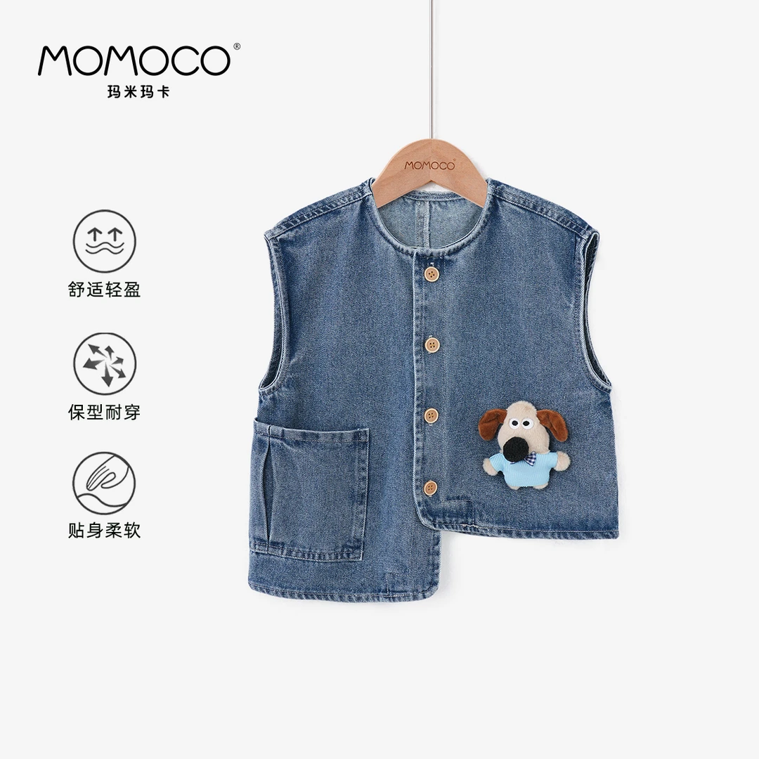 MOMOCO春季新款男童时尚不规则卡通公仔牛仔外套马甲77130110003