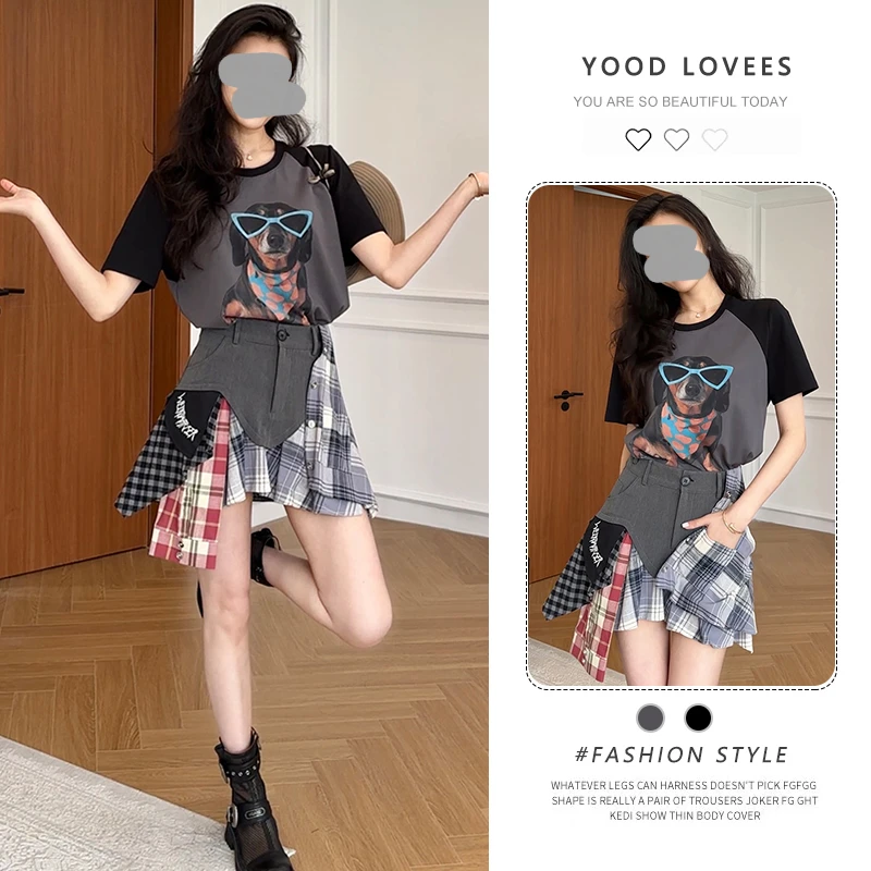 时尚显瘦套装女2025年夏季新款气质印花t恤上衣拼接半身裙两件套