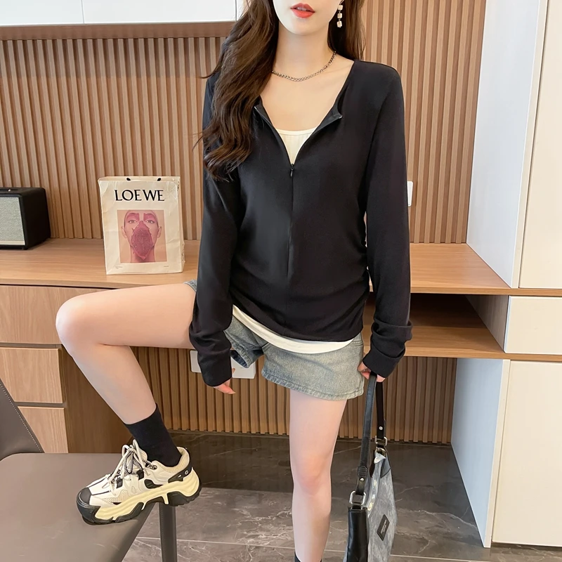 不规则收腰褶皱长袖T恤女秋季2025新款大码拼接撞色假两件上衣ins