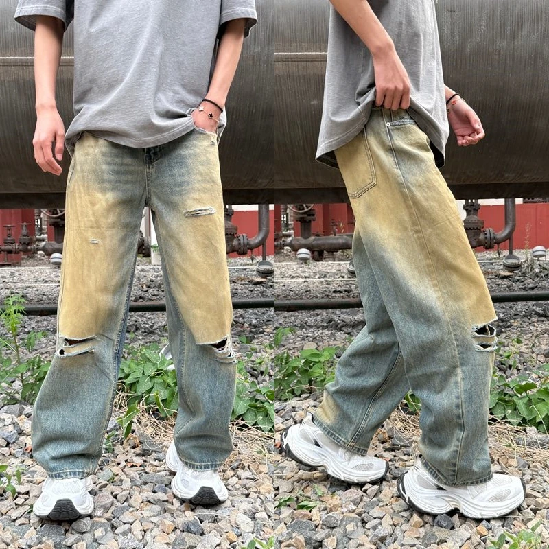 破洞牛仔裤男美式高街潮牌痞帅炸街渐变色复古蓝直筒阔腿夏季裤子