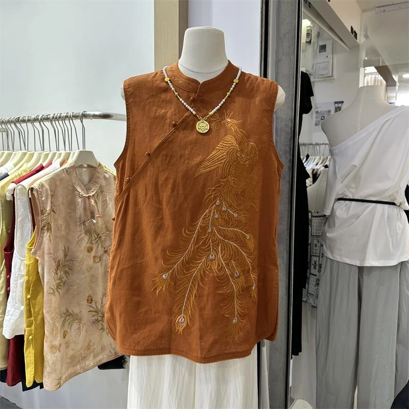 凤凰刺绣无袖衬衫女亚麻马甲上衣2025夏季新款新中式马夹背心裙潮