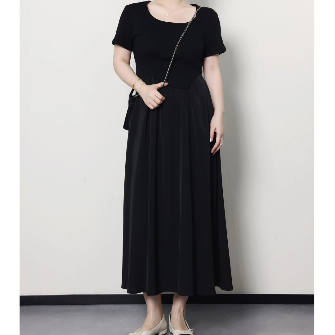 QC柚柚【懒人裙】微胖大码女装夏显瘦百搭拼接针织连衣裙ZY404L40