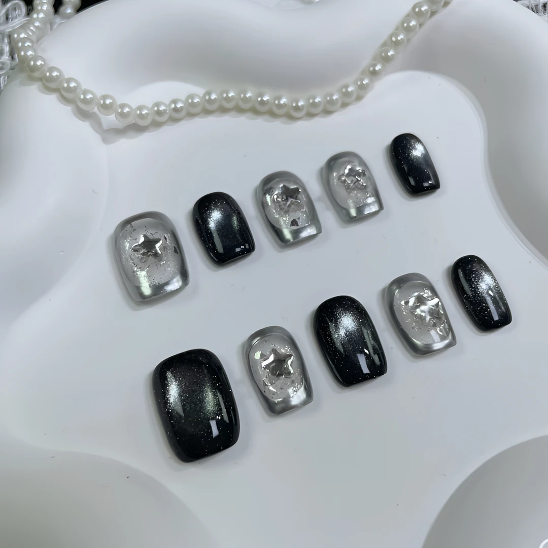 A1559『镜框星』黑猫光银色镜面碎箔钻饰五角星纯手工穿戴甲