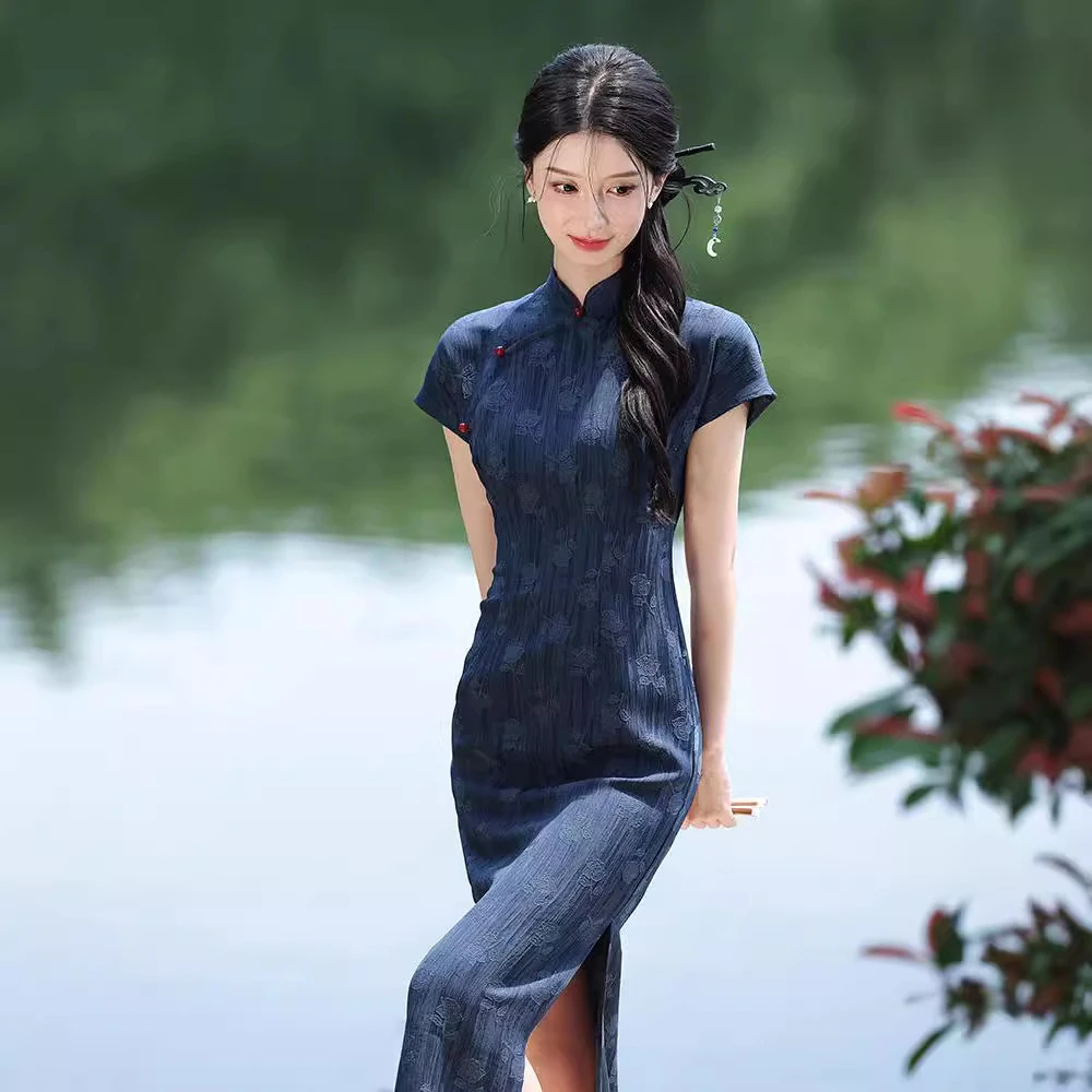 古法2025旗袍新款新中式气质高端复古改良蓝色裙子连衣裙女女款夏