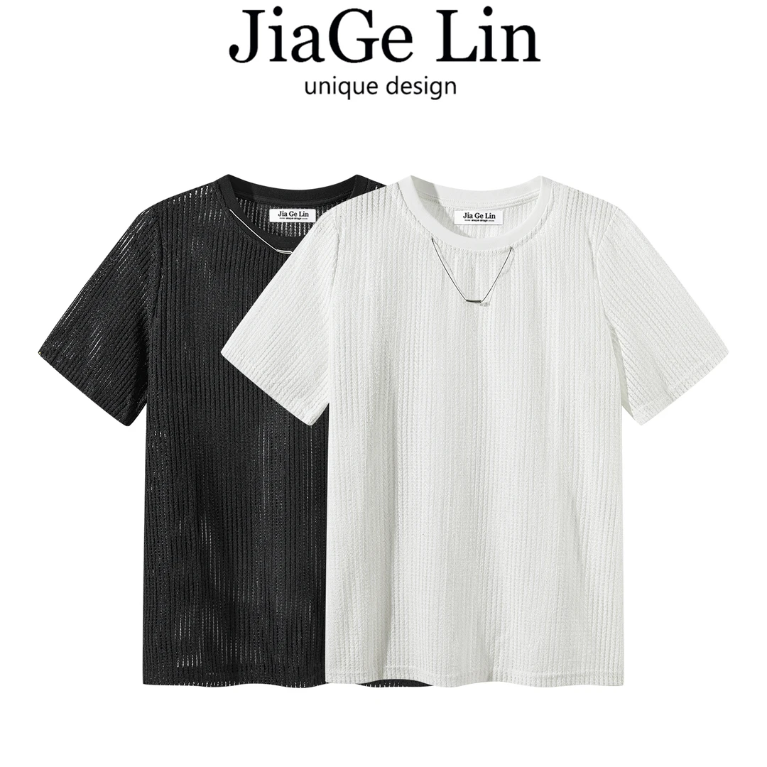 JiaGeLin韩系洋气减龄圆领镂空短袖针织T恤女士夏季时尚通勤上衣
