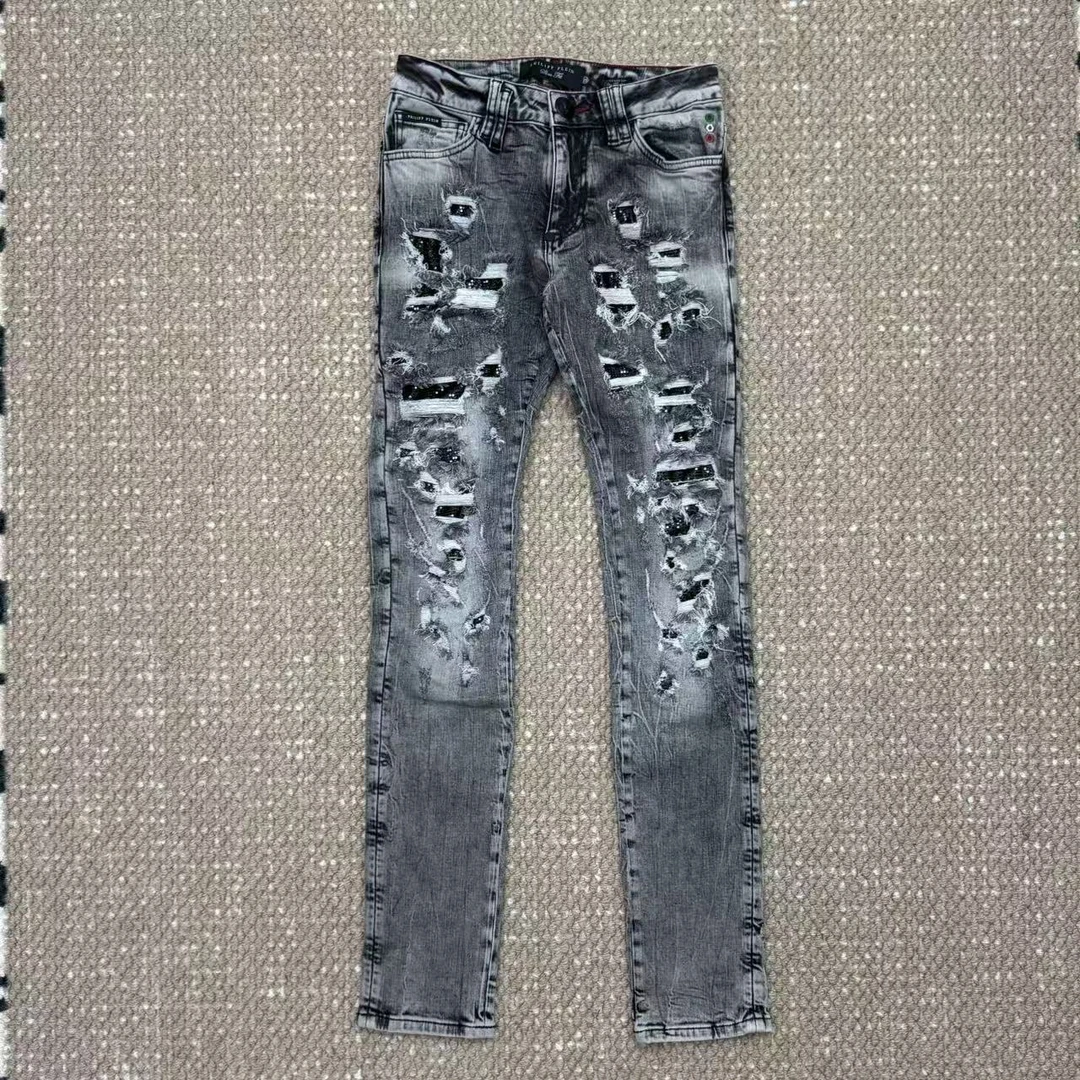 未使用 Philipp Plein PP磨白破洞牛仔裤