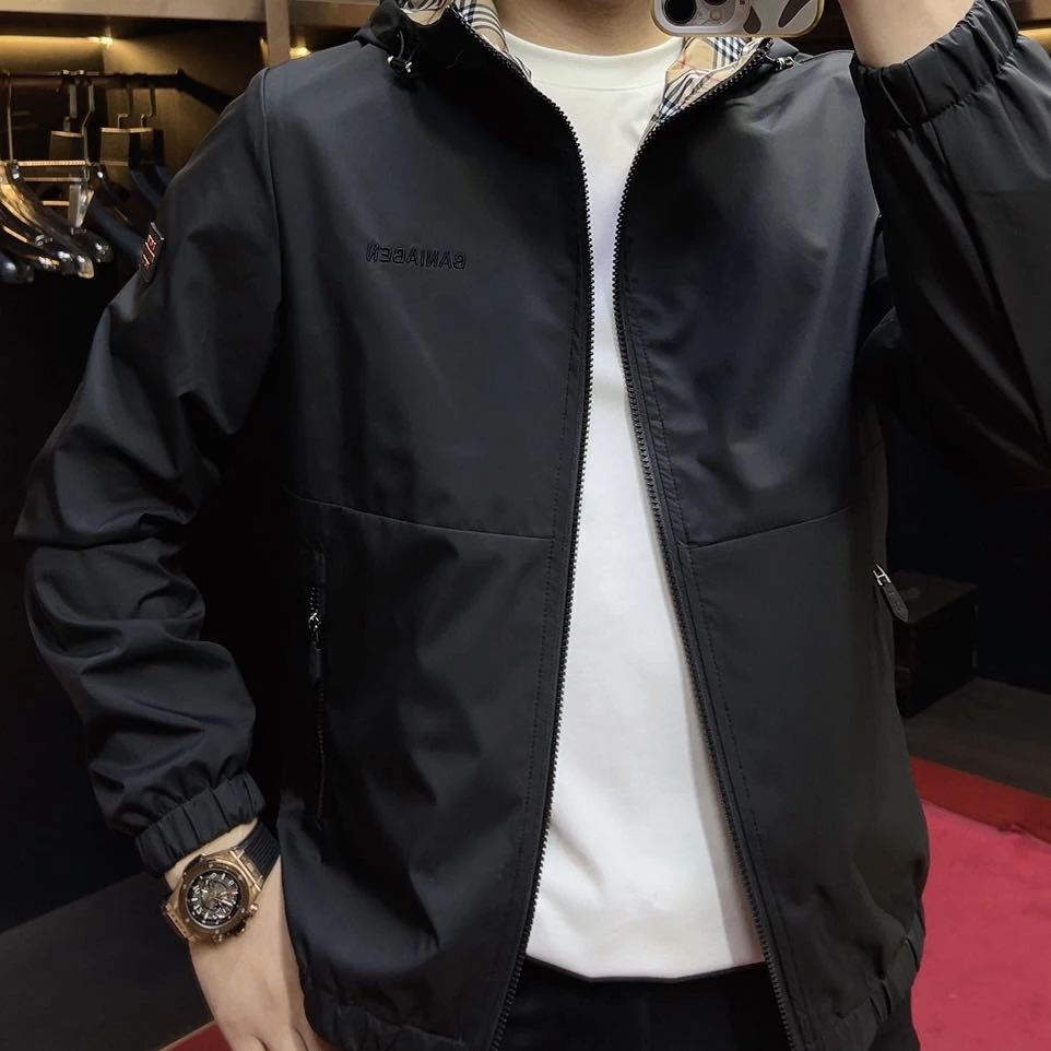 2025-8830#束口袖连帽秋季纯色冲锋夹克百搭宽松立领韩版