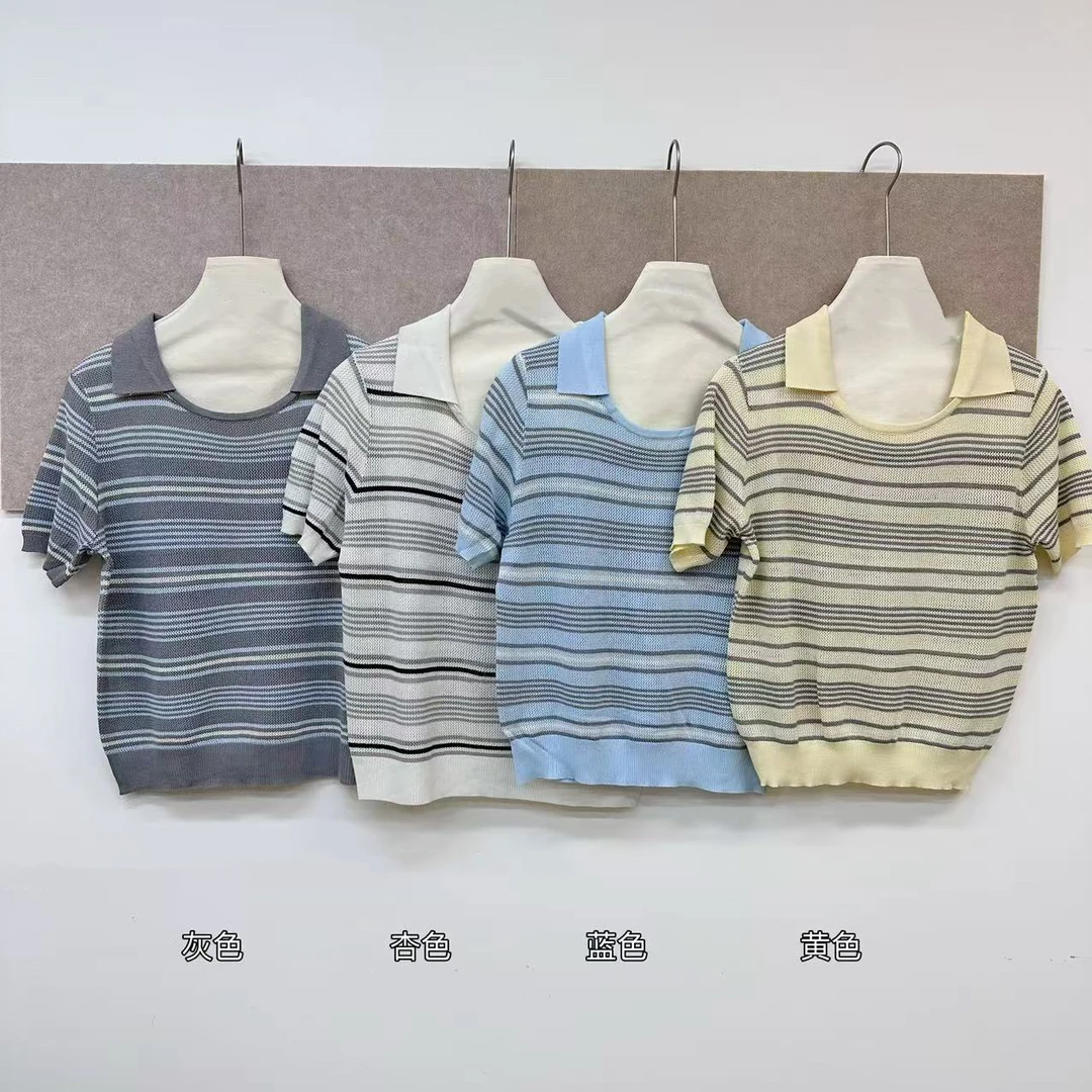 三七翻领条纹裸空线衣短袖