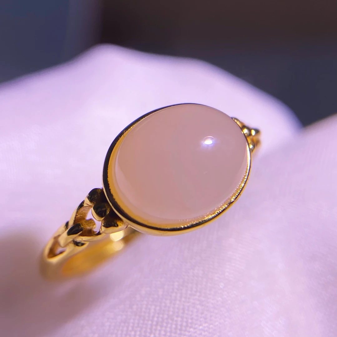 天然和田玉青海料藕粉蛋面戒指925银镶嵌开口圈可调节戒指女@0025