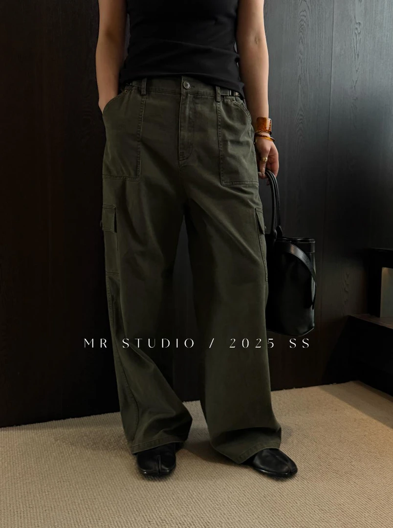 【YILI显瘦女装】美式100%棉灰绿高街潮流工装牛仔裤 Y0808