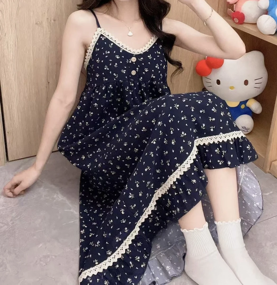 蕾丝碎花吊带睡衣裙女夏季长绒云朵棉宽松家居服