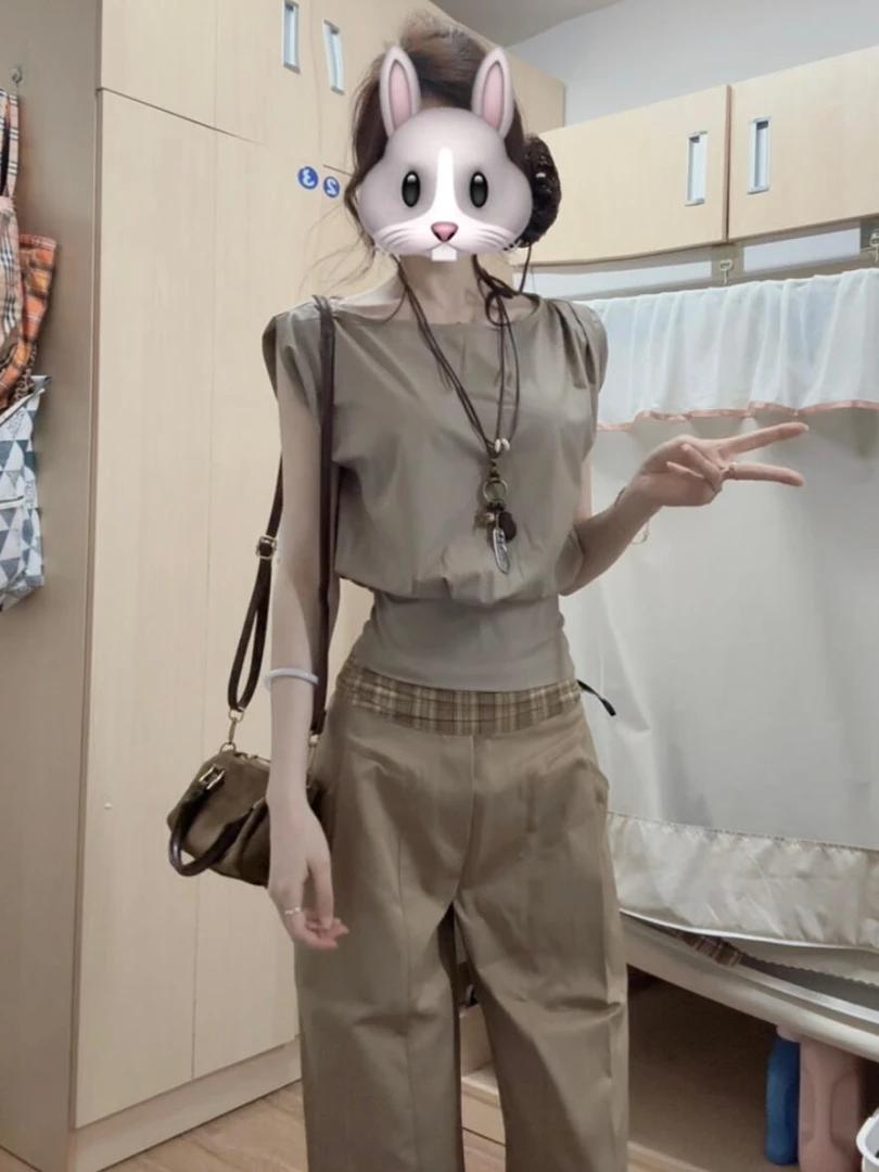 2025设计感气质系带收腰显瘦无袖上衣时尚百搭长裤两件套时尚套装