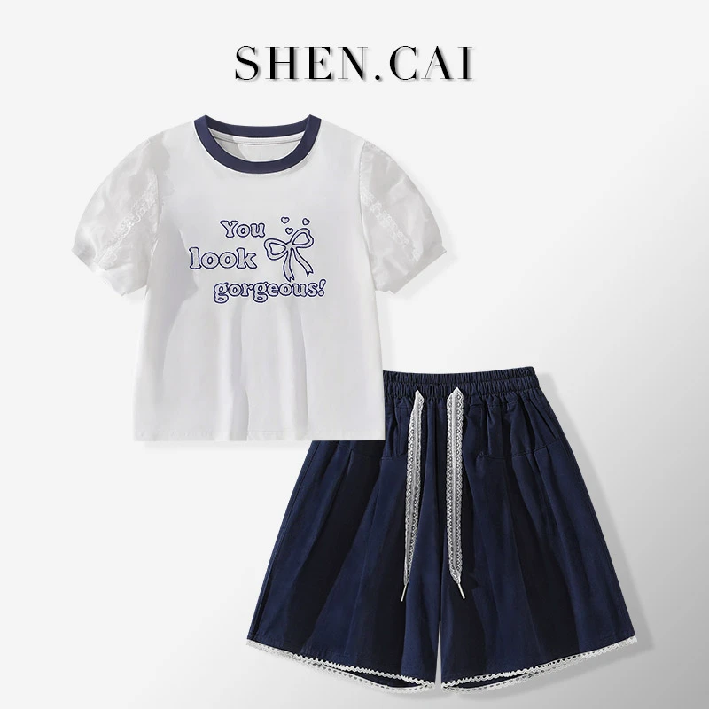 女大童牛仔短裤套装薄款夏装初高中生学生泡泡短袖夏季休闲两件套